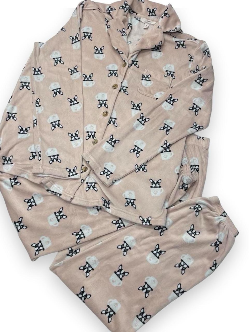 Como Vintage Light Pink Plush Pajama Set with French Bulldog & Mug Print